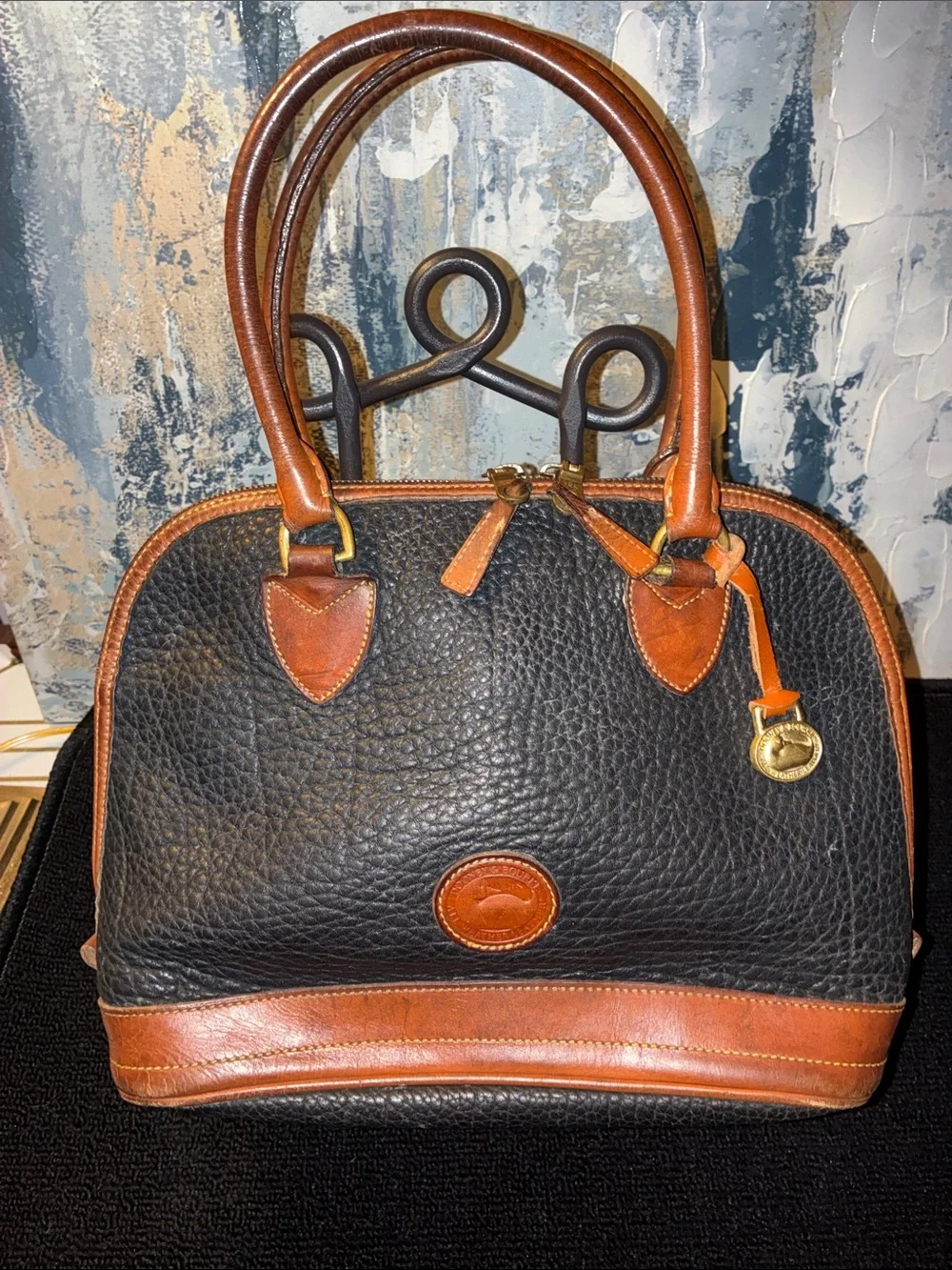 Vintage 1990s Dooney & Bourke Black with Brown Trim Pebbled Leather Satchel